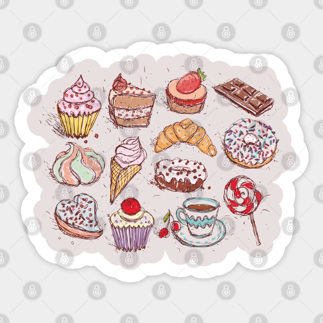 Hand drawn confectionery croissant Cupcake candy marshmallow ice cream cake donut and coffee. Sticker by EkaterinaP